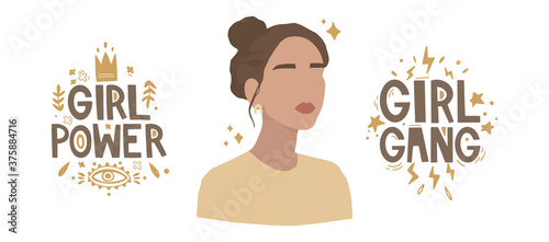 Set of vector feminist illustrations, bundle. Handwritten lettering "girl gang" and "girl power". Around the inscriptions are elements in the doodle style. Portrait of a girl in a minimalistic style.