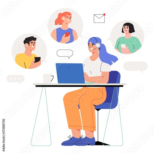 Woman specialist with microphone and headphones from customer service working on laptop in office helping guests. Concept of online support or assistance , call center or e-commerce banner.