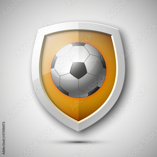 Football game icon, European Soccer game badge, Ball with ribbon on a background of blue shield, Realistic illustration