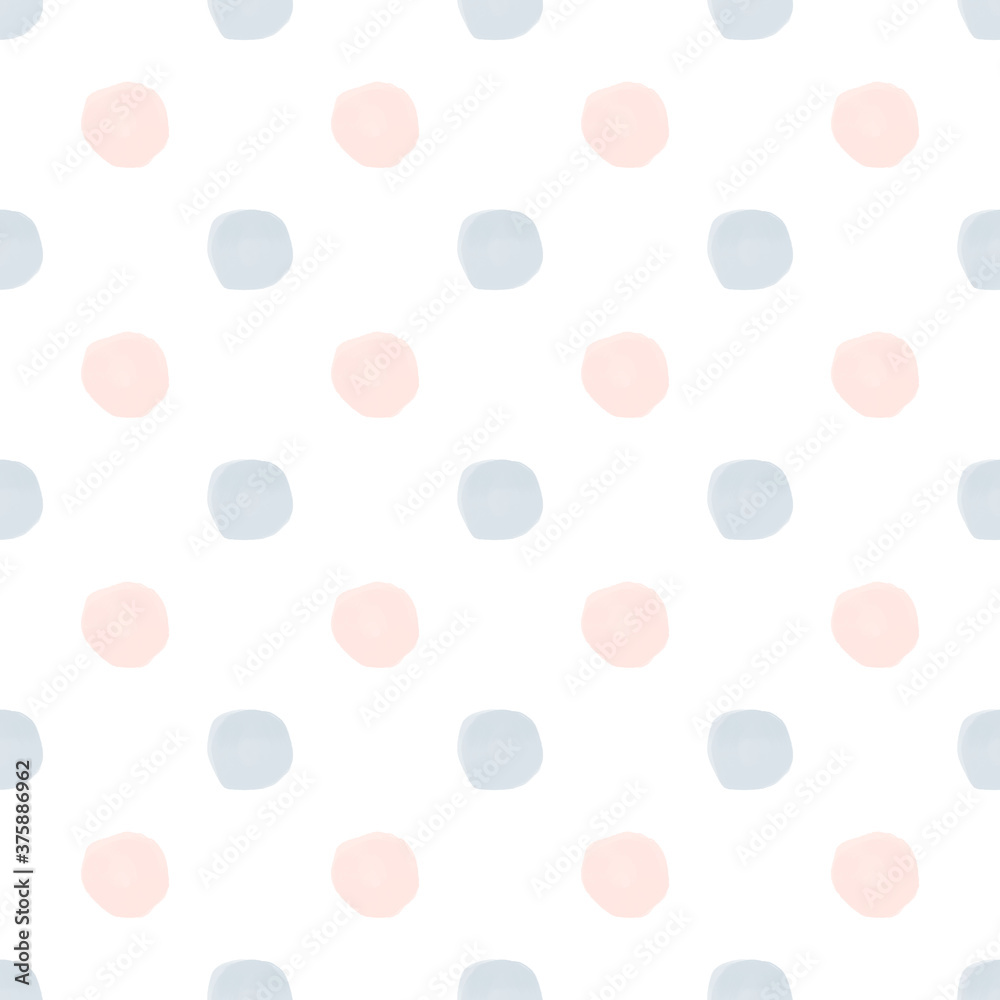 Seamless blue pink watercolor polka dot pattern on white background in Nordic style. Elegant print for fabric textile gift paper scrapbook wallpaper kids clothes nursery decor