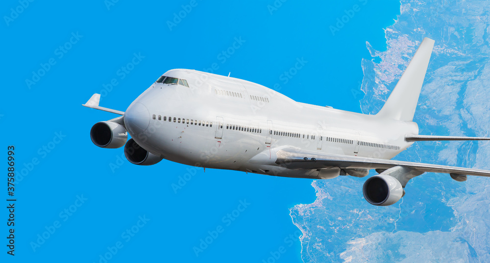 Fototapeta premium Airplane taking off from the airport - Passenger airplane is flying in blue cloudy sky over the sea