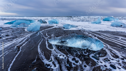 Pieces of ice on Jokulsarlon diamond beach, Iceland