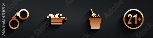 Set Handcuffs, Joker playing card, Champagne in an ice bucket and 21 plus icon with long shadow. Vector.