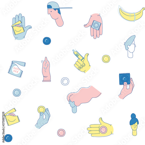 Say Yes to Safe Sex seamless pattern background icons set