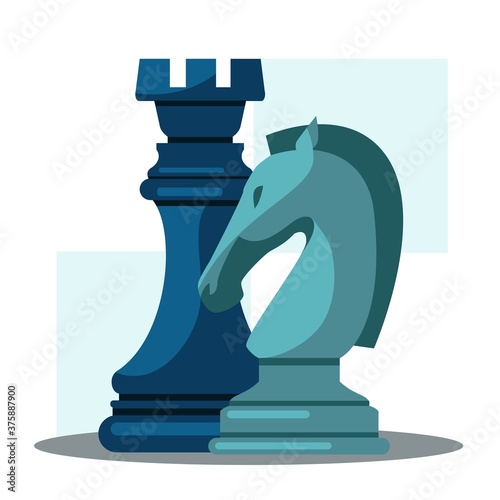 Chess knight and rook figure pieces. Strategic thinking 3d game vector illustration. Blue symbols on check background. Fighting for victory sport on chessboard. Strategy concept