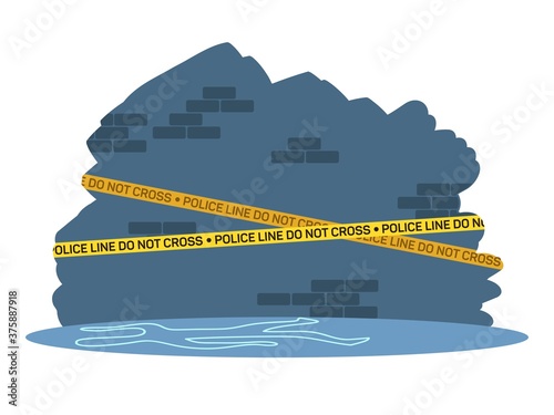 Crime investigation scene with tape. Police detective work vector illustration. Dead body silhouette outlinw with chalk on floor. Do not cross yellow safety lines. Place of murder