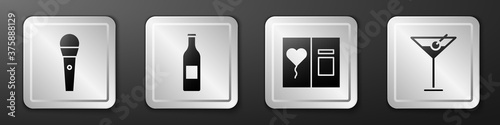 Set Karaoke microphone, Beer bottle, Greeting card and Martini glass icon. Silver square button. Vector.