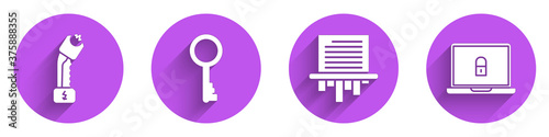 Set Police electric shocker, Old key, Paper shredder and Laptop and lock icon with long shadow. Vector.