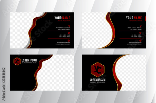 collection of Red and gold modern business card template design. wavy style with black background. Space for photo on the right and left side in horizontal layout