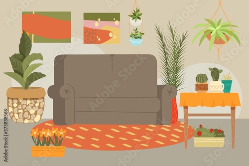 House interior, modern flat design, contemporary furniture sofa, table, decor, living room, cartoon style vector illustration. Background relaxing comfort, minimalism modern look, armchair comfort. photo