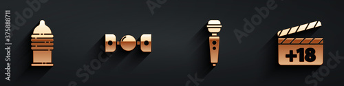 Set Condom safe sex, Silicone ball gag with belt, Dildo vibrator and Movie clapper with 18 plus content icon with long shadow. Vector.