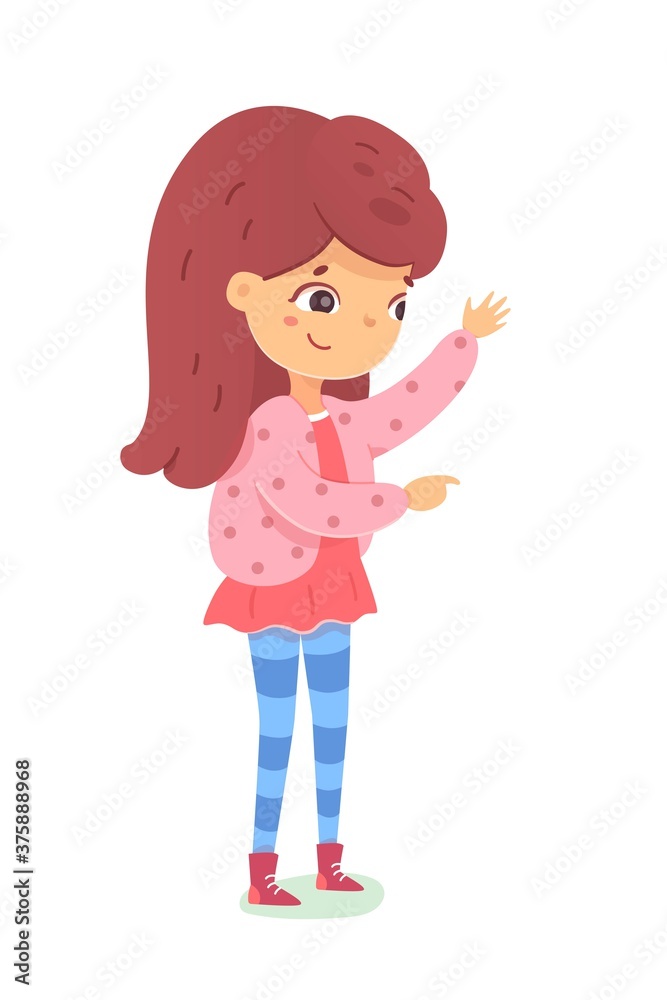Happy girl explaining or showing something. Joyful smiling child with cheerful face expression. Cute kid in good mood talking and pointing with finger vector illustration
