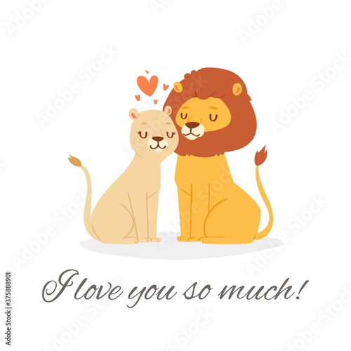 Wallpaper Mural I love you lion lettering vector illustration. Cartoon flat cute happy lion couple sitting together with pink loving hearts on romantic date. Valentine day celebration card isolated on white Torontodigital.ca