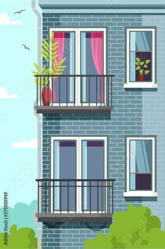 Balcony in houses front view. Safe indoor quarantine vector illustration. Cozy windows and balconies with plants in pots. Modern urban cartoon cityscape. Building outdoor scene