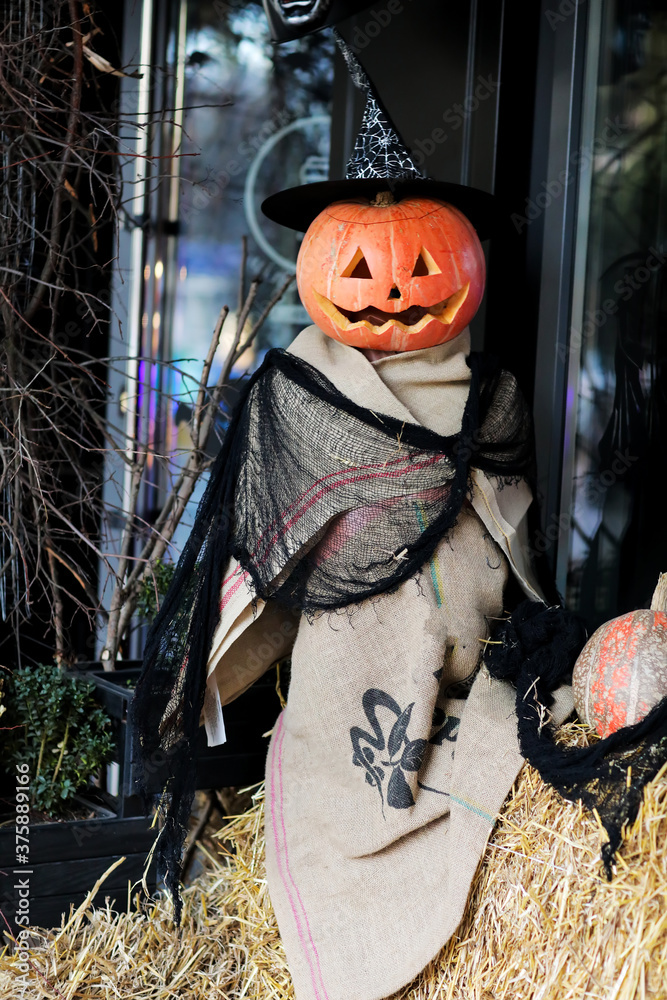 scarecrow for halloween. Halloween holiday concept. Scarecrow with pumpkins. Thanksgiving Day. Evil scarecrow costume.
