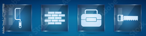 Set Hacksaw, Bricks, Toolbox and Hand saw. Square glass panels. Vector.