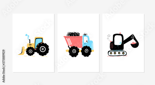 Cute posters with car vector prints for baby room, baby shower, greeting card, kids and baby t-shirts, and wear. Hand drawn nursery