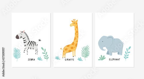 Cute posters with a little zebra, giraffe, and elephant vector prints for baby room, baby shower, greeting card, kids and baby t-shirts, and wear. Hand drawn nursery