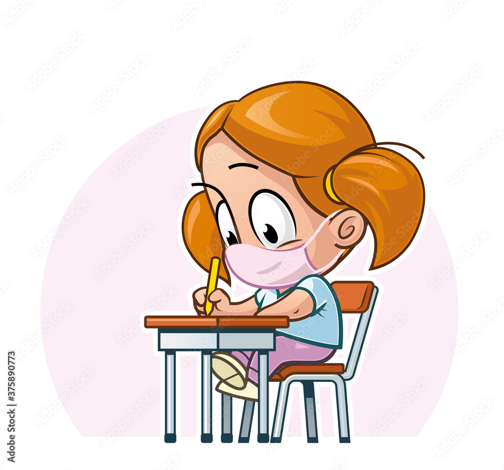 Schoolchild with a surgical mask on the classromm desk Schoolchild with a surgical mask on the classromm desk
