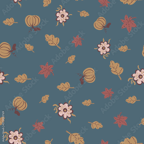 Autumn plants seamless vector pattern. Pumpking, leaves, and flowers seamless vector pattern for seasonal fabrics, stationery, and packaging.