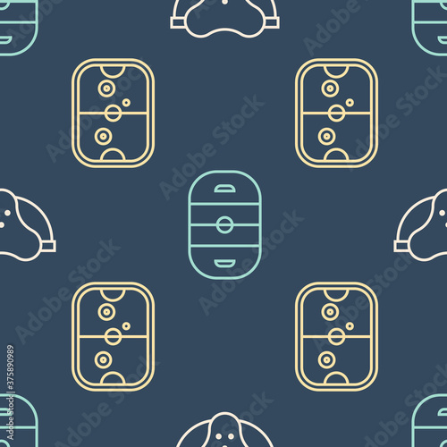 Set line Protective sport jockstrap, Air hockey table and Ice hockey rink on seamless pattern. Vector.