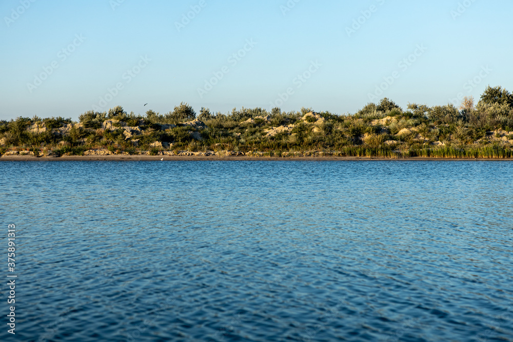 Beach of the blue sea with vegetation and sand, nature reserve