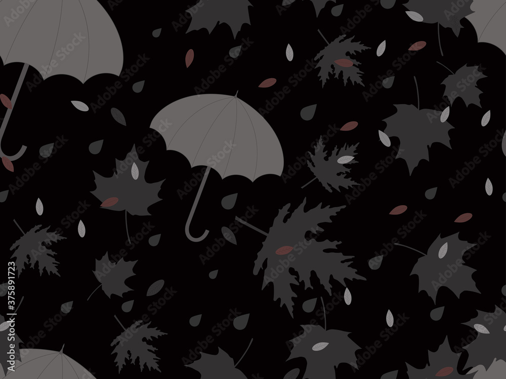 Autumn seamless pattern with umbrellas and leaves. Falling leaves, leaf fall. Colorful umbrellas from the rain. Background for surfaces, printing on paper and fabric. Vector illustration