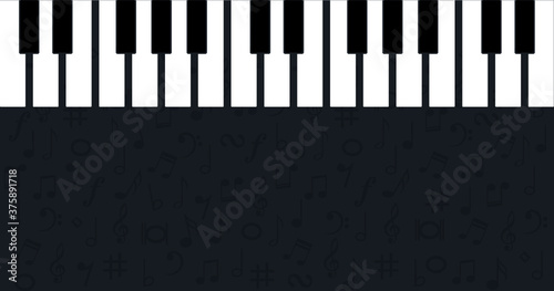 World piano day. Piano keyboard keys sign. instrument. Music notes, musical waves staff, line pattern symbols. Vector key stave background banner. Classic clef Doodle quaver G melody. Cartoon signs.