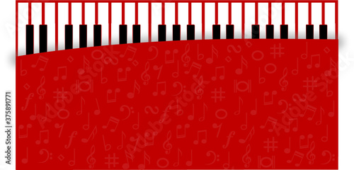 World piano day. Piano keyboard keys sign. instrument. Music notes, musical waves staff, line pattern symbols. Vector key stave background banner. Classic clef Doodle quaver G melody. Cartoon signs.