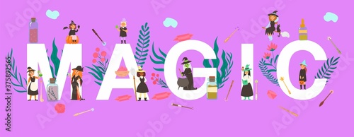 Magic inscription big letters on banner, huge celebration, joyful magician man, purple tent, design cartoon vector illustration. Tiny people, witches women different nationalities, potions in bottles.
