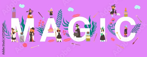 Magic inscription big letters on banner  huge celebration  joyful magician man  purple tent  design cartoon vector illustration. Tiny people  witches women different nationalities  potions in bottles.