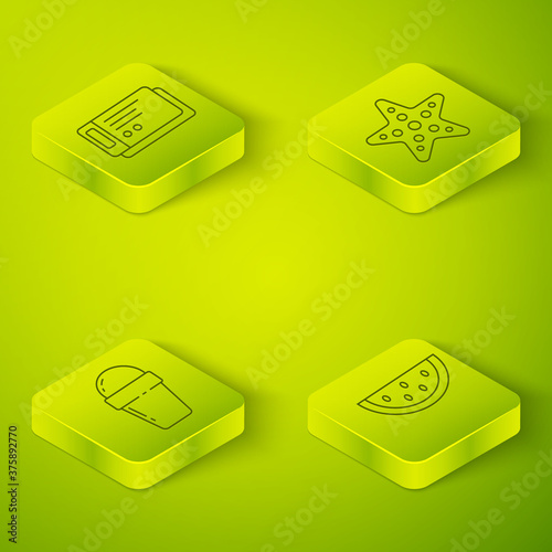 Set Isometric Starfish, Ice cream in waffle cone, Watermelon and Travel ticket icon. Vector.