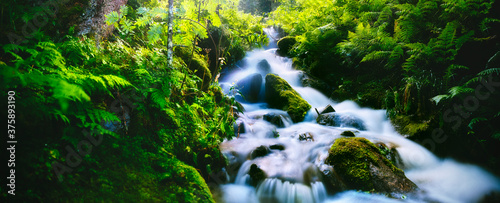 Panorama of a waterfall. Water flowing from a fountain. 
