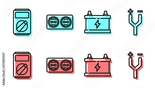 Set line Car battery, Multimeter, Electrical outlet and Electric cable icon. Vector.