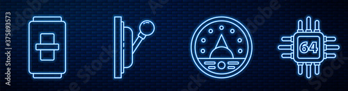 Set line Ampere meter, multimeter, voltmeter, Electric light switch, Electrical panel and Processor with microcircuits CPU. Glowing neon icon on brick wall. Vector.