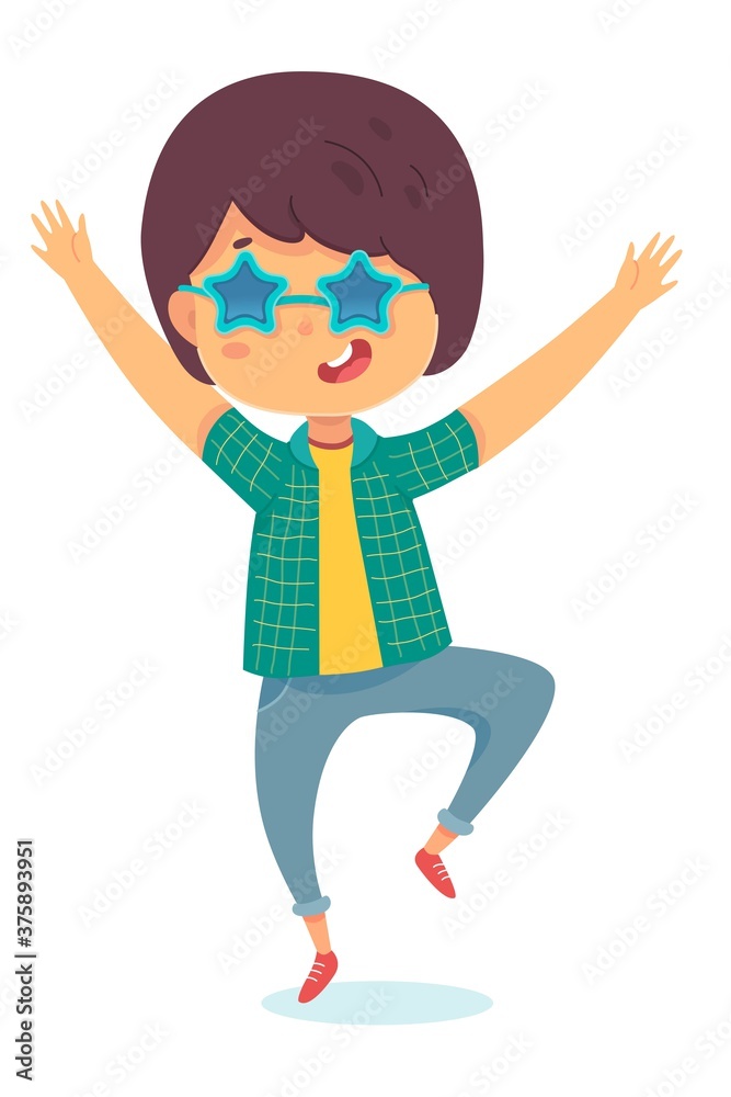 Happy kid jumping with joy in star sunglasses. Cute child having fun and smiling on birthday party. Entertainment and amusement leisure vector illustration. Summer holidays time Happy kid jumping with joy in star sunglasses. Cute child having fun and smiling on birthday party. Entertainment and amusement leisure vector illustration. Summer holidays time