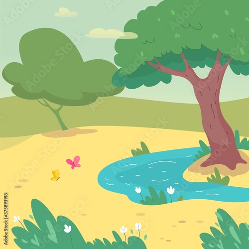 Sunny park with pond on summer day. Trees  sky with clouds  butterfly  grass and lawn background. Relaxing scene in nature vector illustration. Horizontal view of beautiful landscape