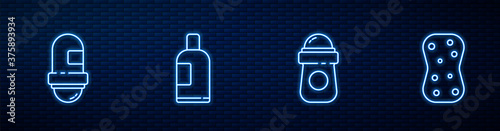Set line Antiperspirant deodorant roll, , Bottle of shampoo and Sponge with bubbles. Glowing neon icon on brick wall. Vector.
