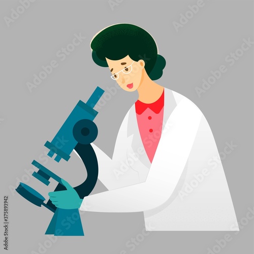 Scientist doing research in lab or hospital. Woman working, studying in science medical laboratory. Innovation workgroup vector illustration. Chemist looking in microscope