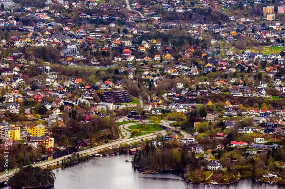 Aerial view of an urban neighborhood in Bergen, Norway.
