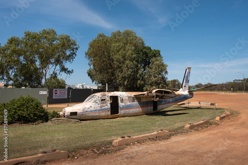 Old abandoned airplane exhibited outdoors. Small vintage plane. Daly Waters, Stuart Highway, Northern Territory NT, Australia photo