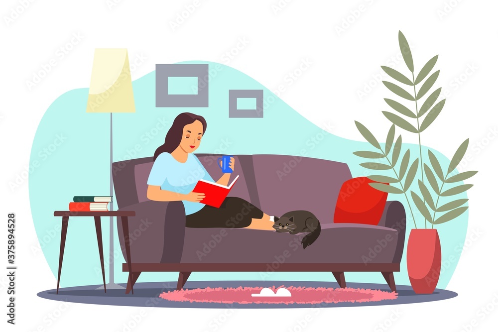 Girl relaxing at home reading book alone. Happy peaceful woman cartoon  character sitting in cozy room. Stay positive, calm and safe during summer  time vector illustration Stock Vector | Adobe Stock
