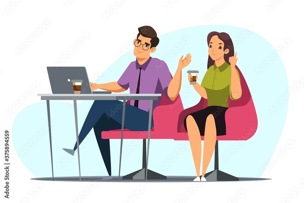 Business meeting discussion. Two happy people working at office vector illustration. Corporate communication, coworking. Man and woman sitting at desk with laptop and coffee, negotiating, studying