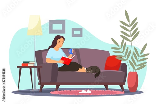 Girl relaxing at home reading book alone. Happy peaceful woman cartoon character sitting in cozy room. Stay positive, calm and safe during summer time vector illustration