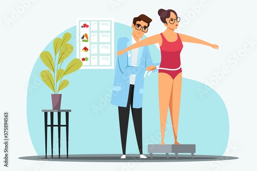 Nutritionist measure patient waist with tape in office