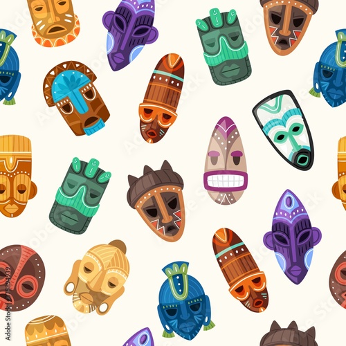 Tribal mask ethnic seamless pattern vector illustration. Cartoon flat African warriors wooden face masks on human head or ceremonial afro totem with ancient horror ornament, traditional texture