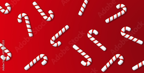Flat lay pattern candy cane on bright red background. Christmas composition. New year minimal concept idea. 3d rendering illustration