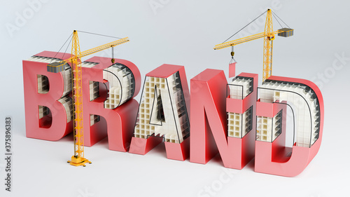 Fototapeta Naklejka Na Ścianę i Meble -  Brand building construction concept with cranes, 3D illustration