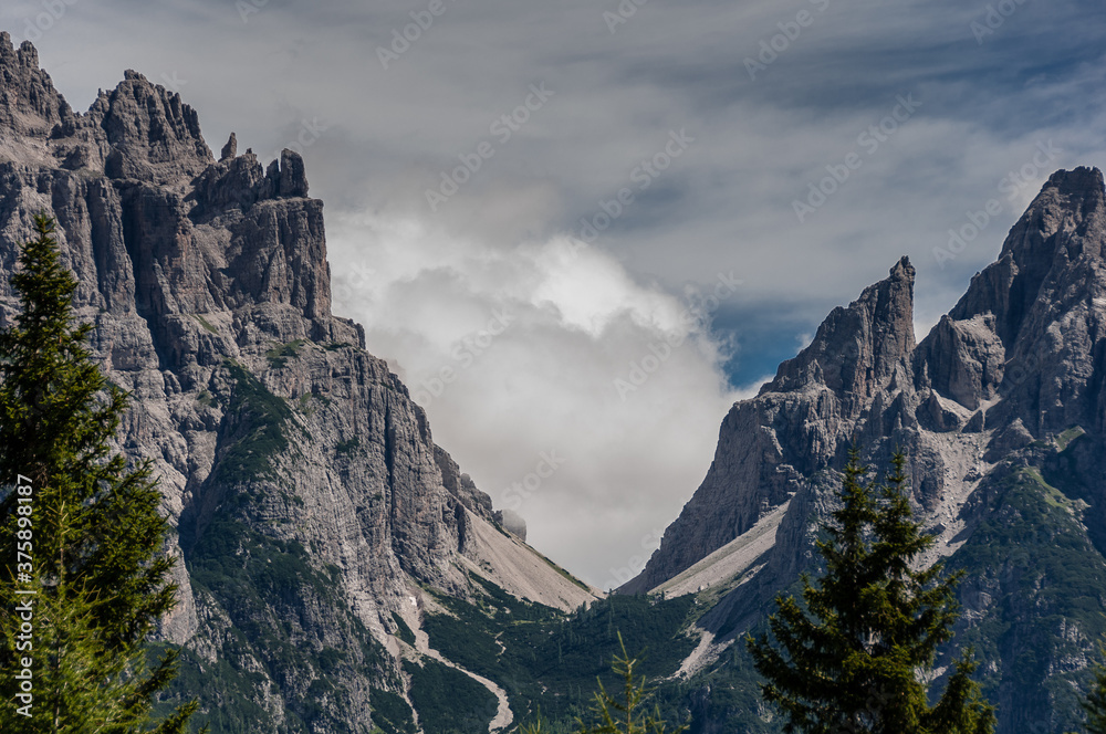 View of Spalti di Toro-Monfalcone mountain range, a mountain group in the Friulian Dolomites, as seen from Giaf refuge, Dolomites, Italy.