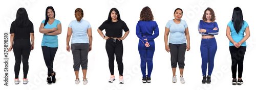 large group back and front view of Latin American women with sportswear on white background